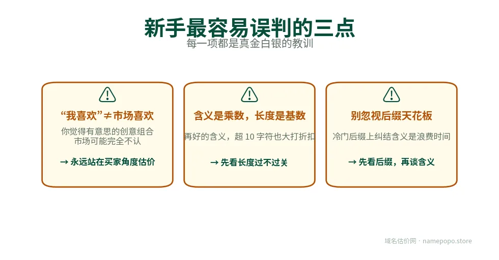 新手估价最容易误判的三点：主观喜好、长域名含义、高估、忽视后缀天花板