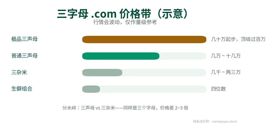 三字母 .com 价格带：极品三声母、普通三声母、三杂米、生僻组合
