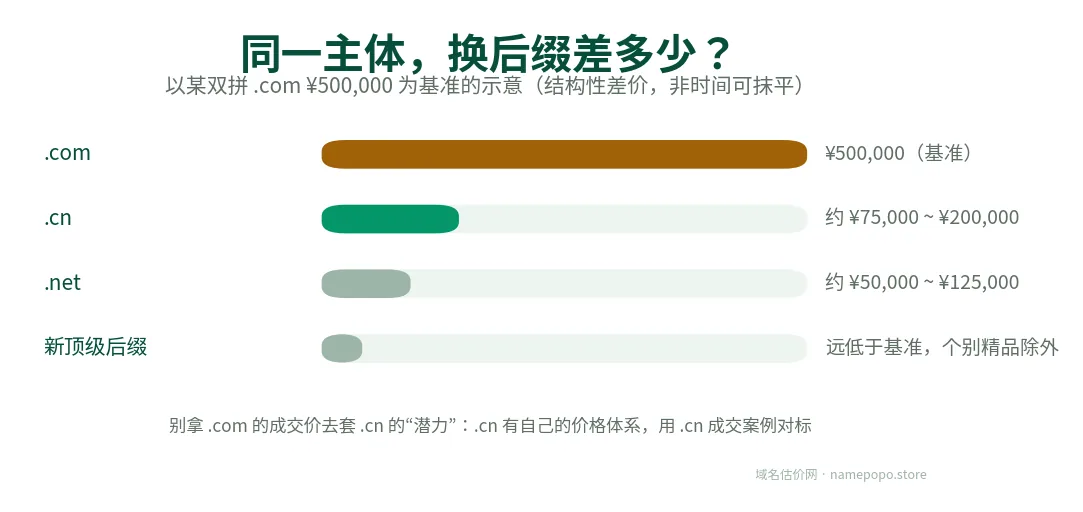 同一主体不同后缀价格示意：以双拼 .com 50 万为基准