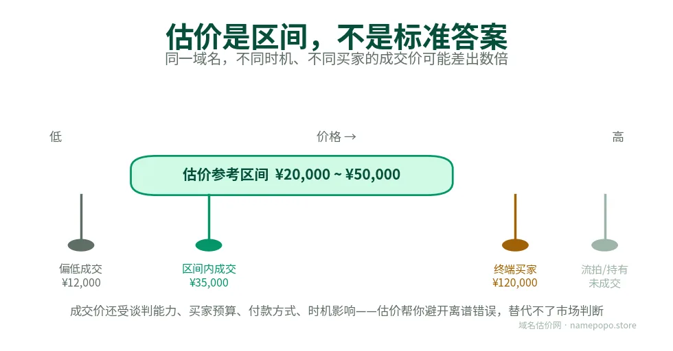 估价参考区间与实际成交价关系示意：成交价可能偏离区间